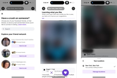 screenshots of facebook dating with option to send crush, new page to show change location feature, new screenshot to show the app learning preferences