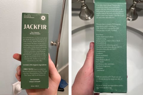 jackfir classic shaving cream box side-by-side with front of box and back of box showing ingredients the brand doesn't use